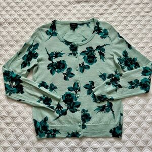Talbots Pure Italian Merino Wool Button Down Cardigan Size S Mint Teal Floral